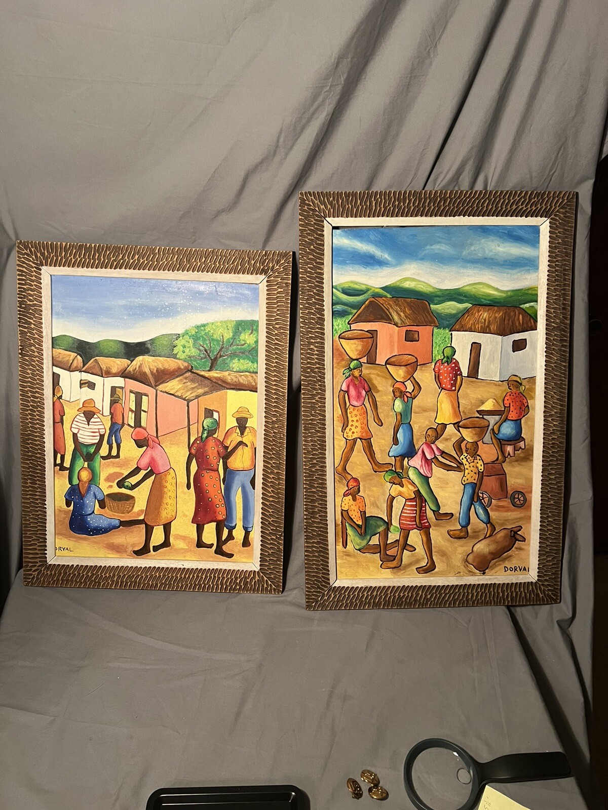Haitian Folk Art Painting Oil on Board (x2). By Dorval. 5 Available (estate)