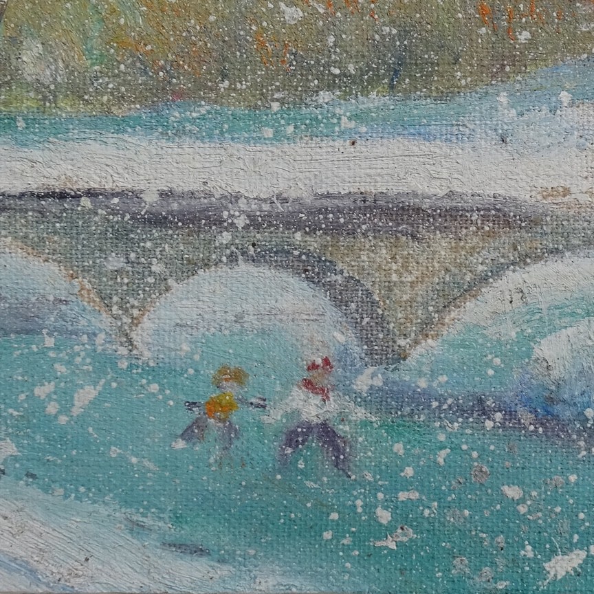 Vintage Naive Winter Landscape Oil Painting Snow Day with Ice Skaters 13.5×11.5