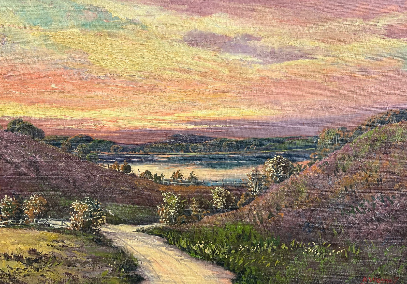 Impressionist Evening Summer Landscape With Lake Oil Painting, Antique, Framed