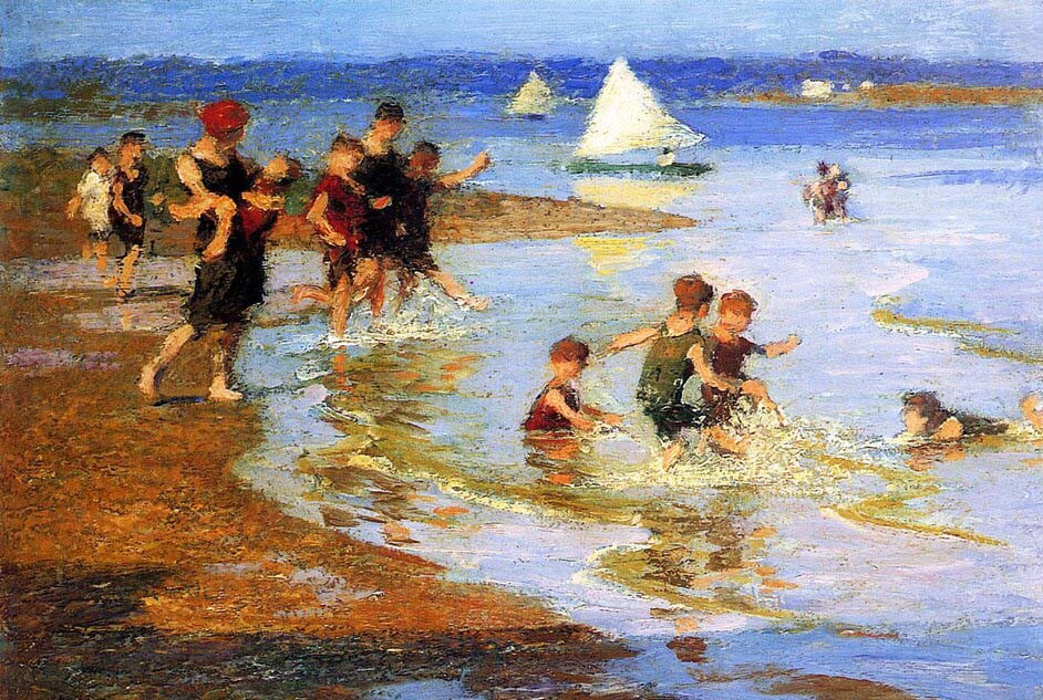 Oil painting Edward Henry Potthast Children at Play on the Beach landscape art