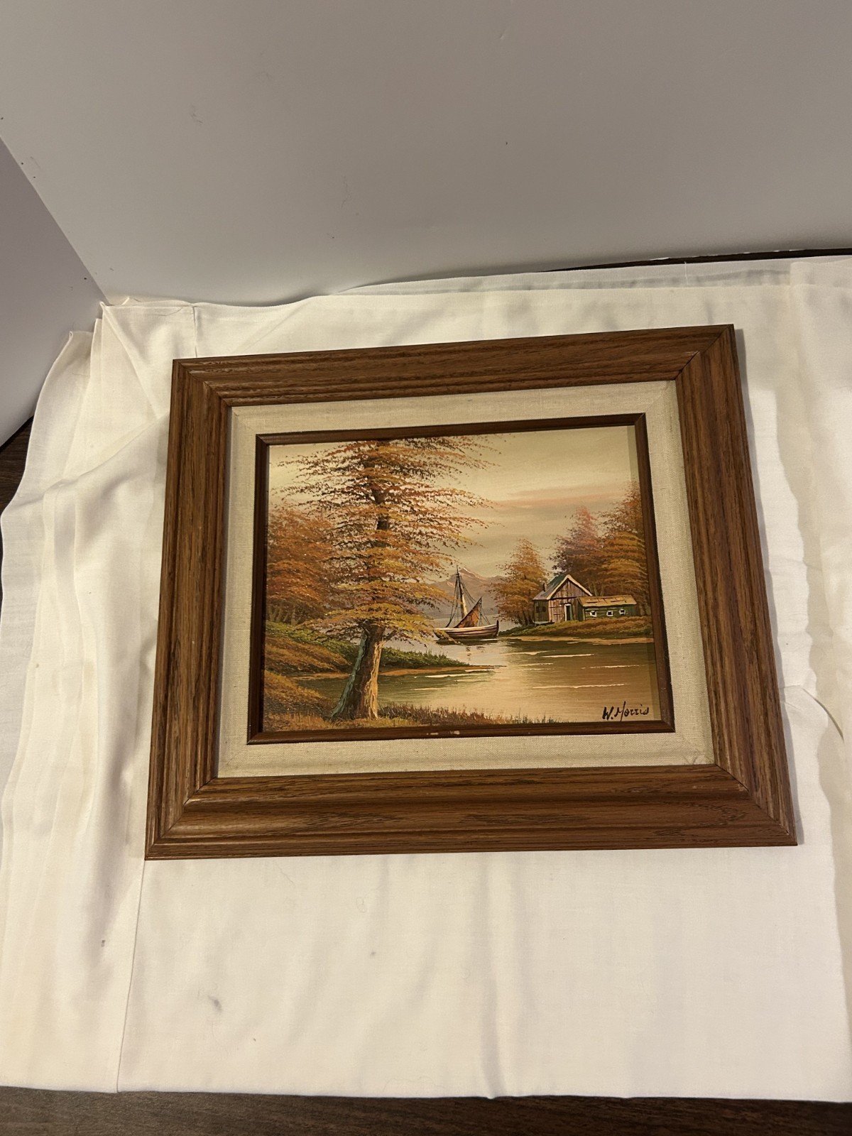 Vintage W Morris Autumn River Boathouse Landscape Painting FRAMED