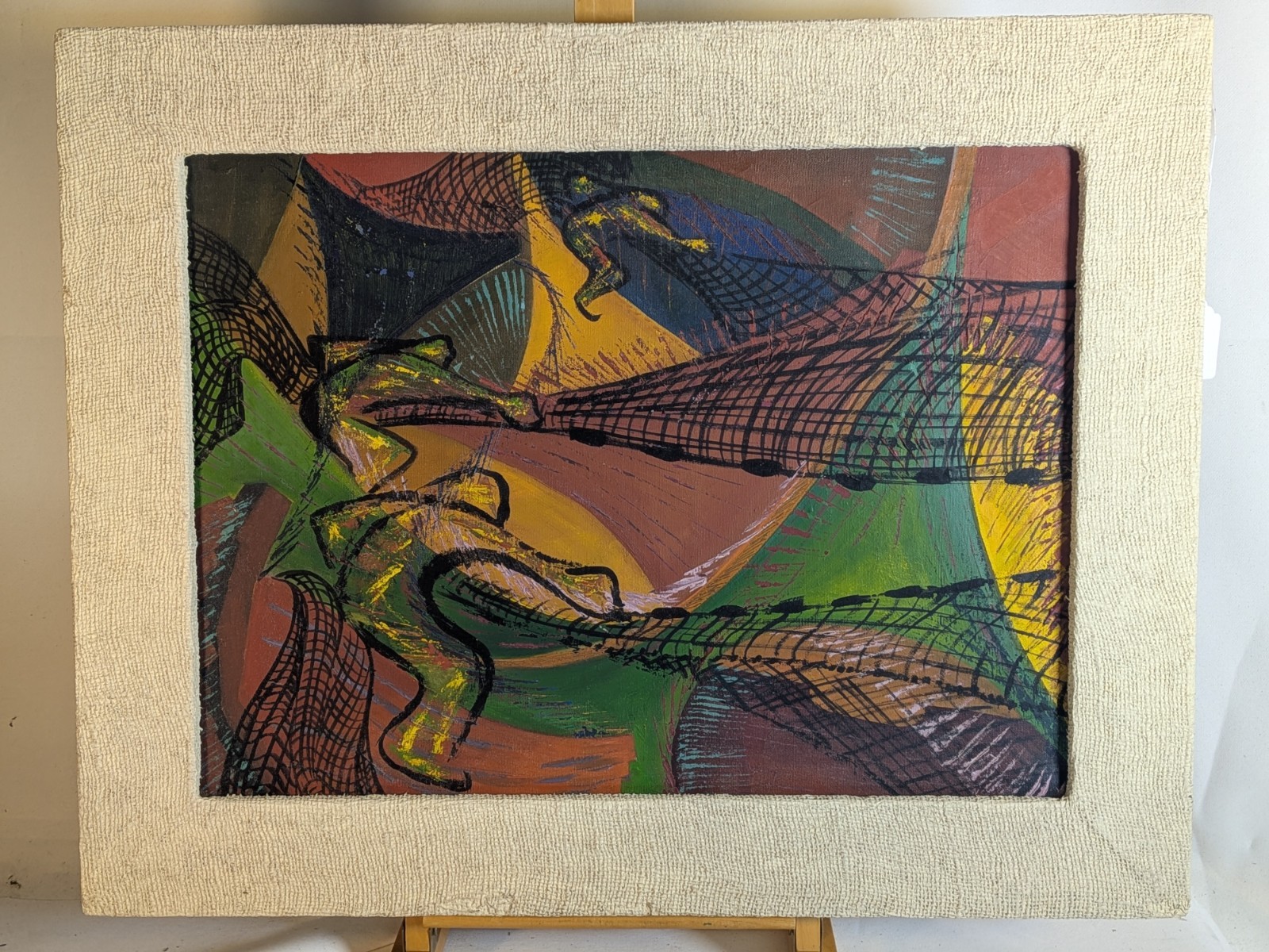 1954 Vintage Abstract Modernist Painting-Erie PA fishing nets Lake fishermen mcm