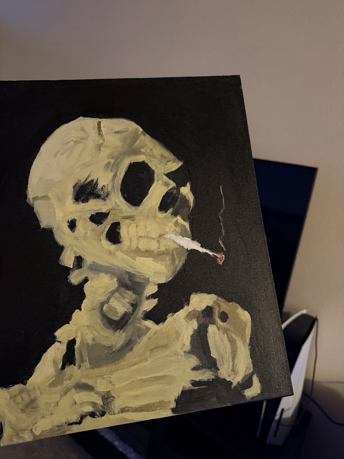 Painting “Skull with Cigarette” Oil Painting A4, Young Artist