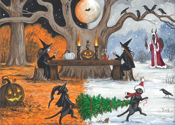 ACEO print OF PAINTING RYTA KRAMPUS SALEM BLACK CAT WITCH Xmas Art Halloween 🎃