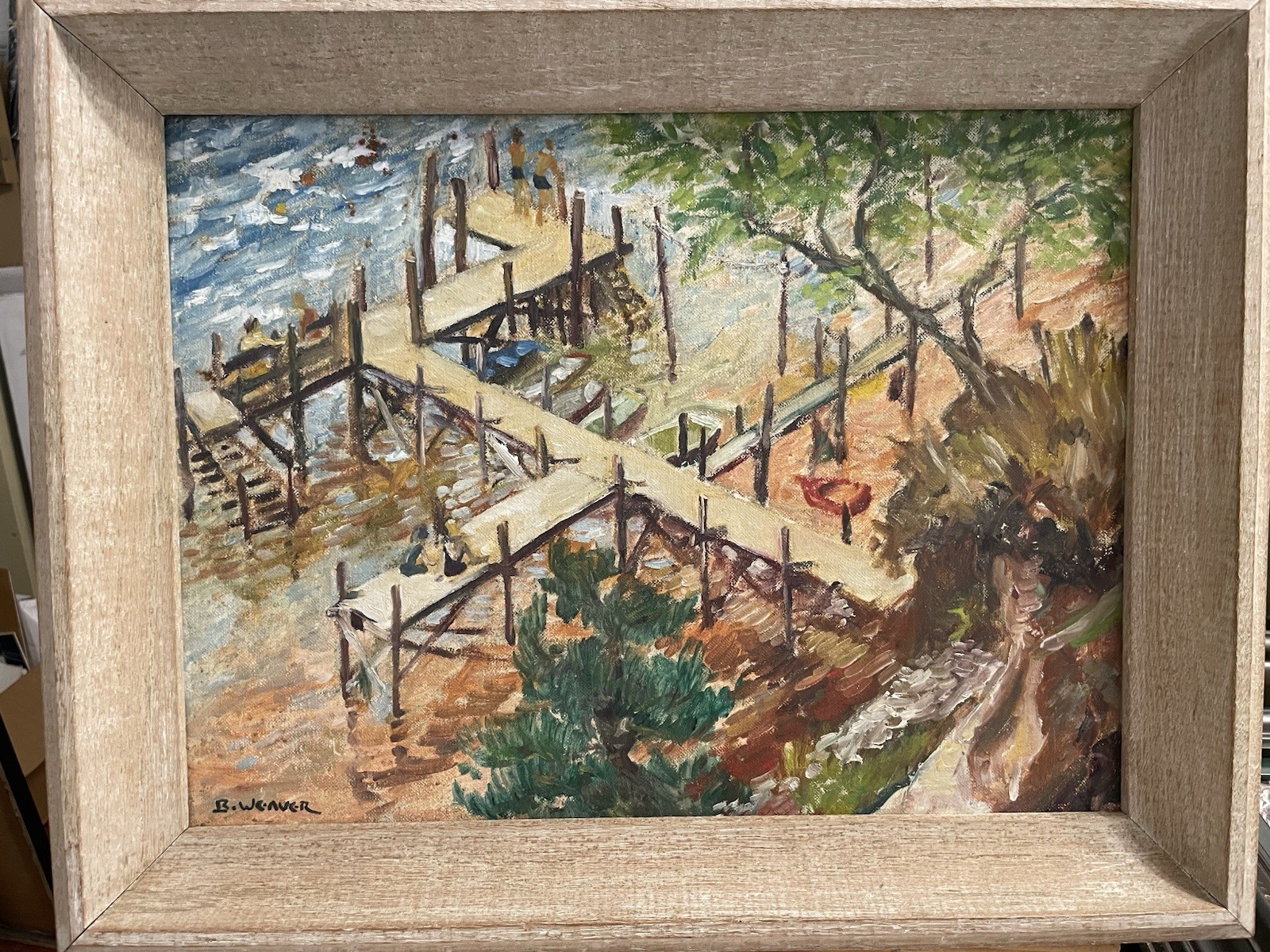 RED POINT MARYLAND PIER MARINA SOCIAL REALISM PERIOD FRAMED SIGNED OIL PAINTING