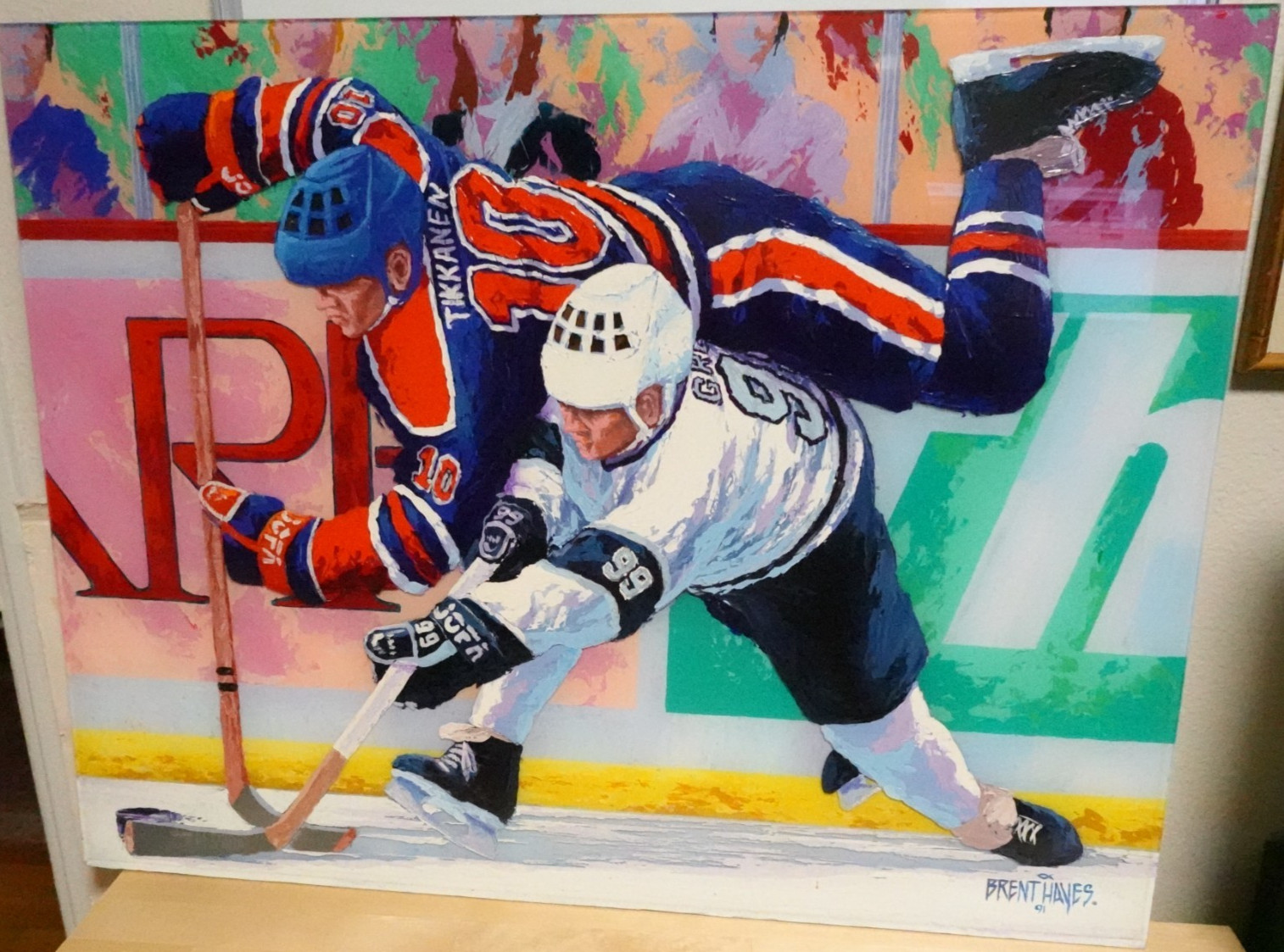 BRENT HAYES WAYNE GRETZKY & ESA TIKKANAN HOCKEY LARGE ORIGINAL ACRYLIC PAINTING