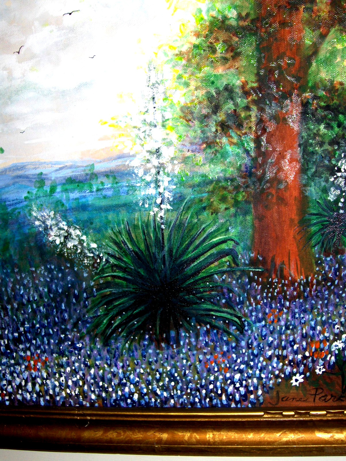GORGEOUS Original Bluebonnet Landscape Bird Sky Blooming Yucca TX VINTAG Oil Art