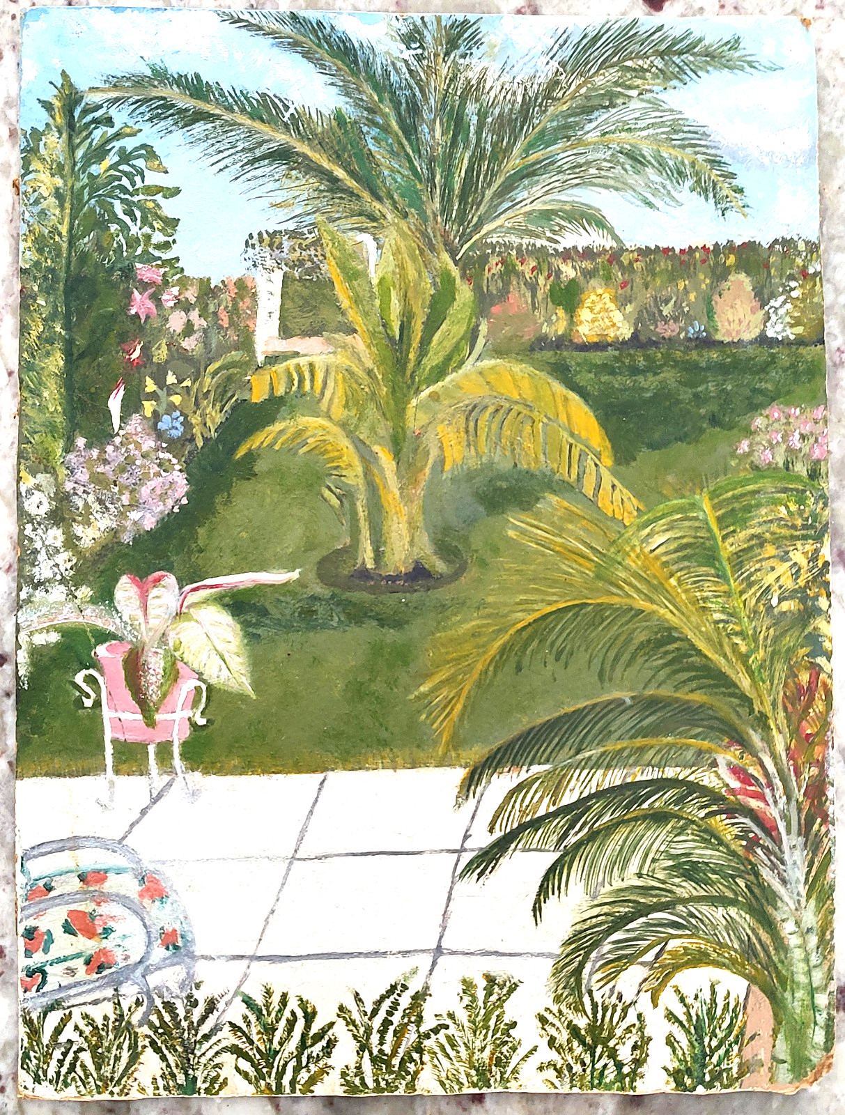 Vintage Oil or Acrylic On Board Tropical Garden Palms Flowers 9×12 Double Sided