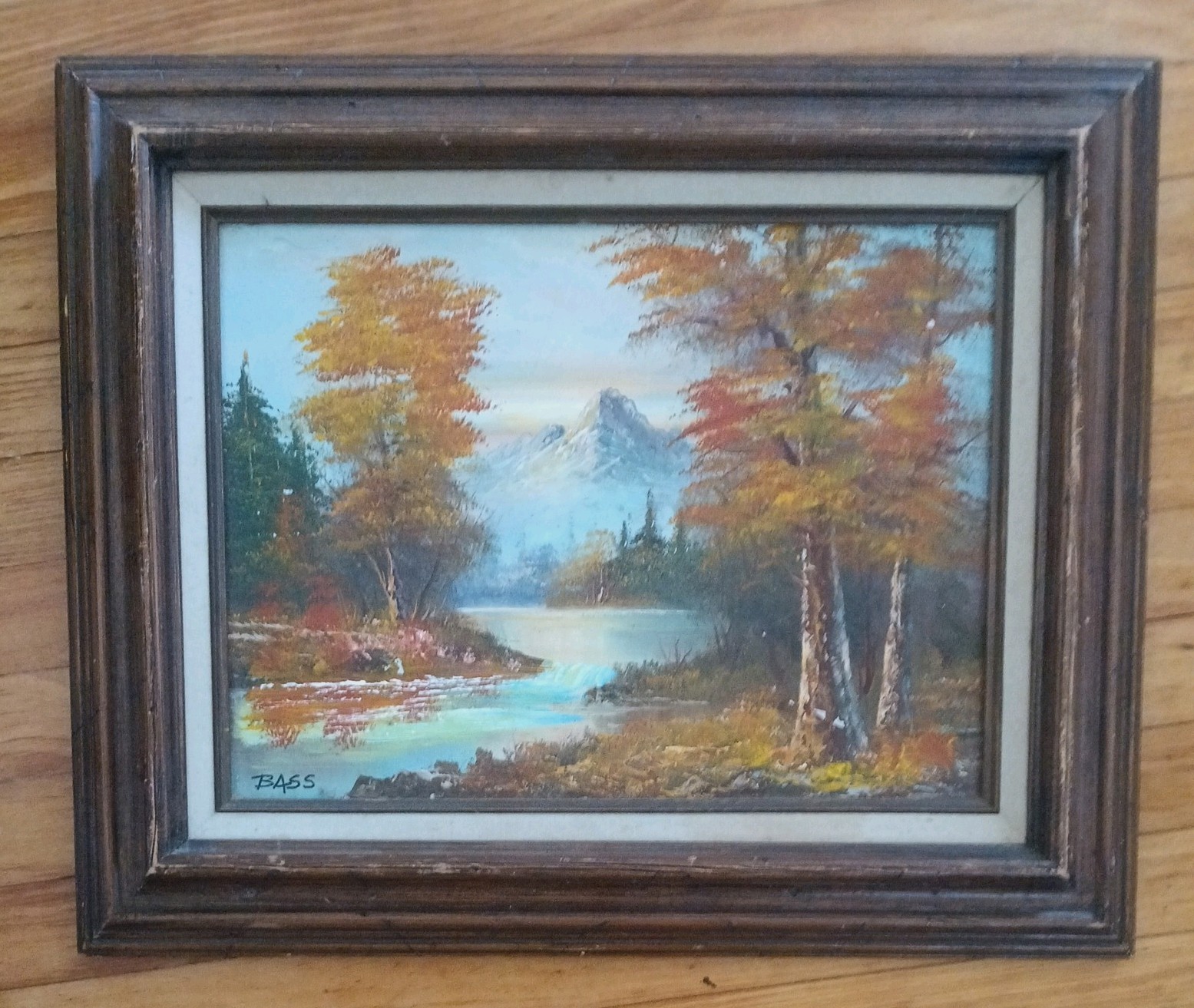 Vintage BASS Original Oil Painting On canvas Landscape River mountain autumn. fa
