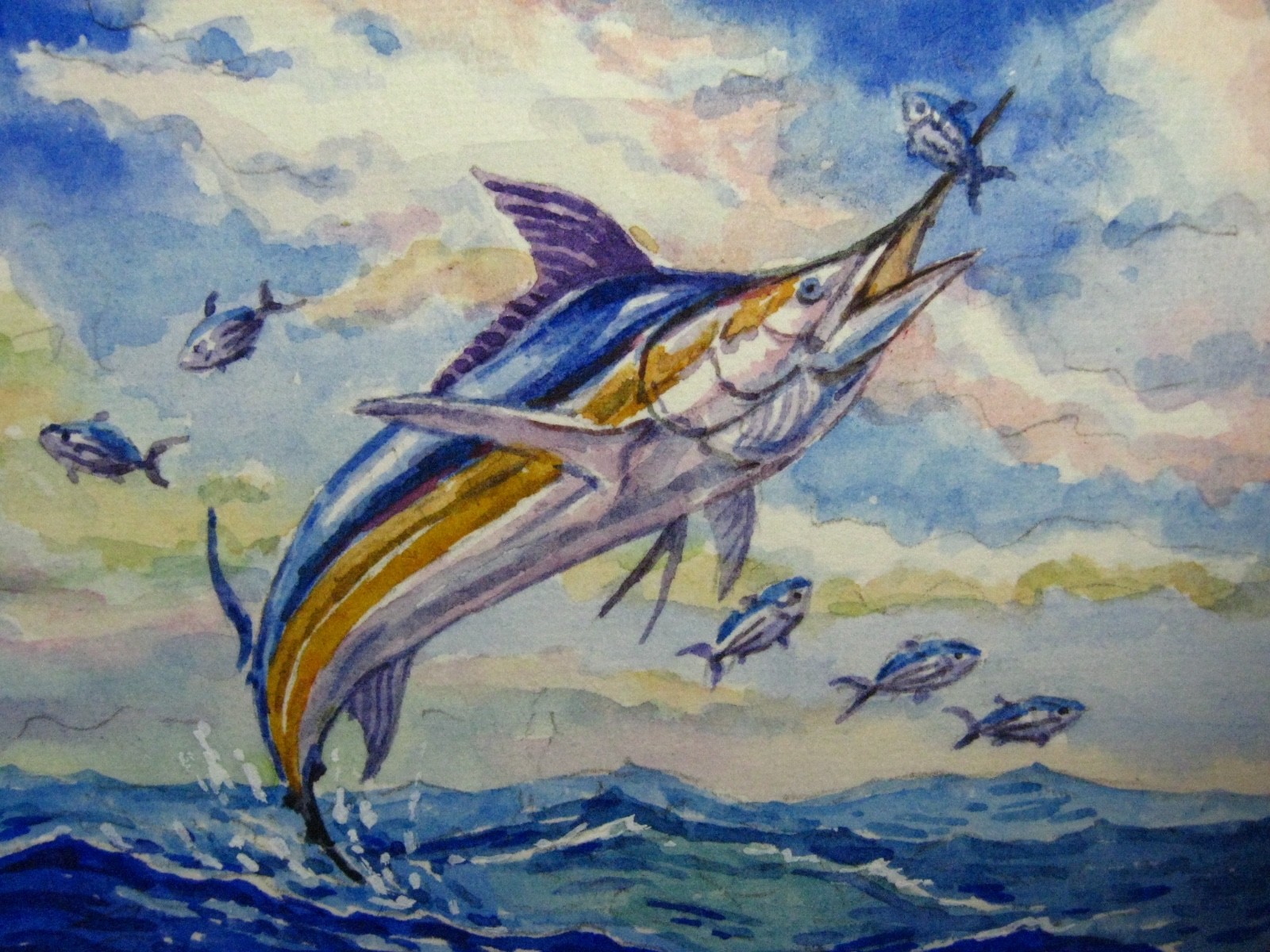 Watercolor Painting Blue Ocean Fish Marlin Fishing Bait Seascape Nature ACEO Art