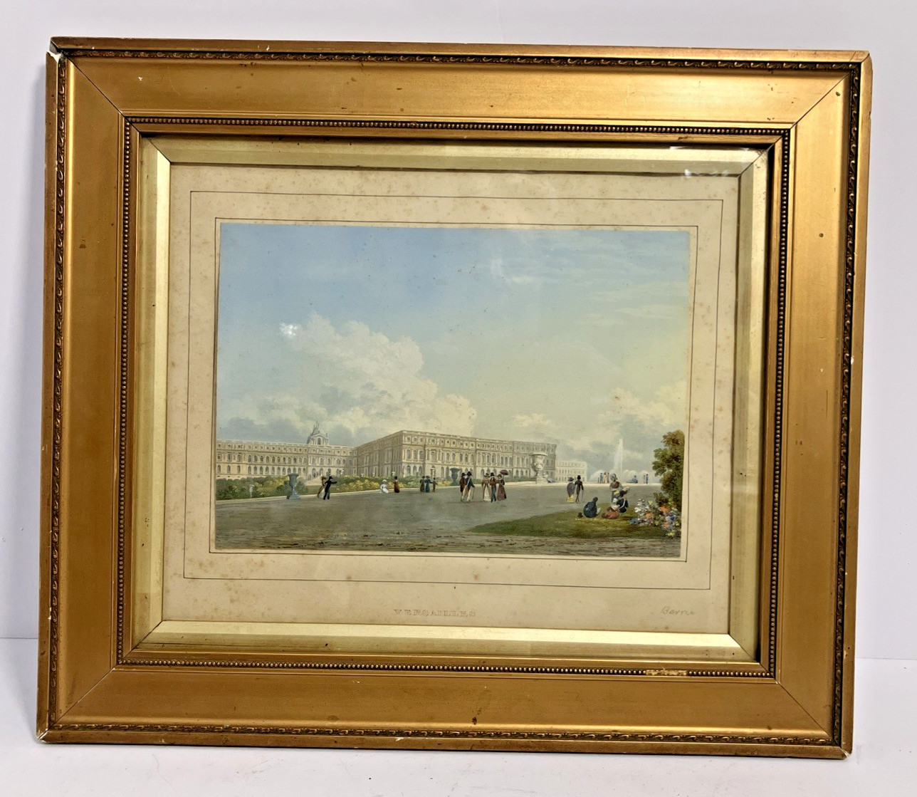 Antique 12×14 Chateau VERSAILLES handcolored lithograph Gold Gesso Frame Signed