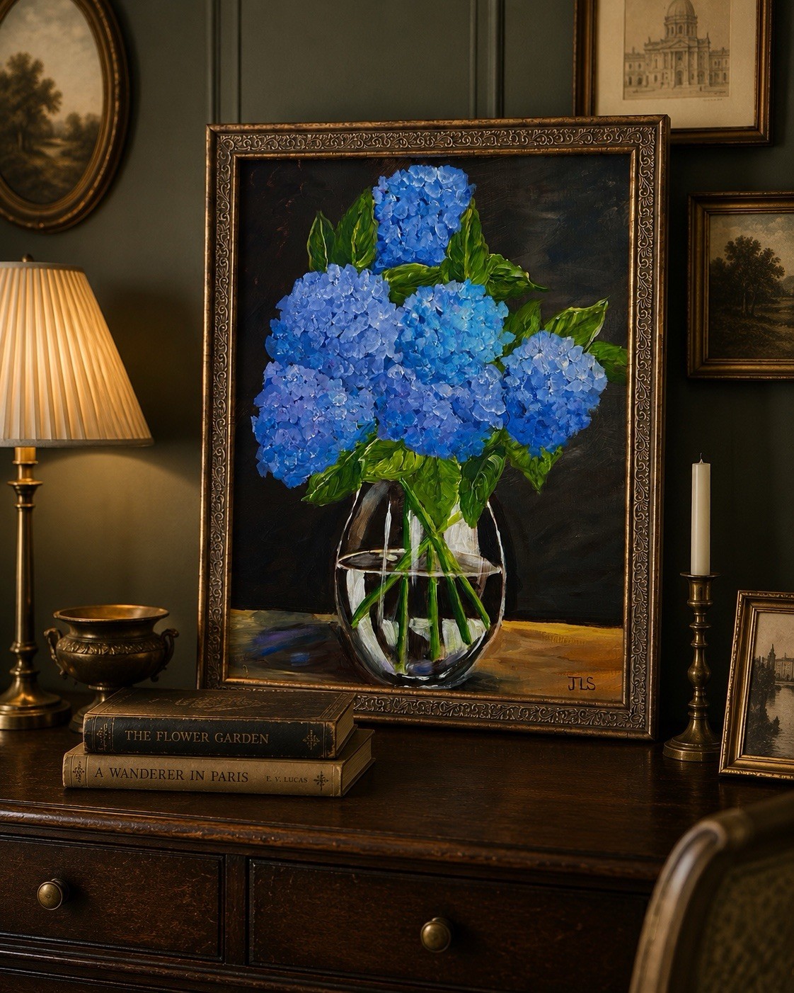 Blue Hydrangeas Painting Framed Floral Wall Art Cottage Decor 20×16