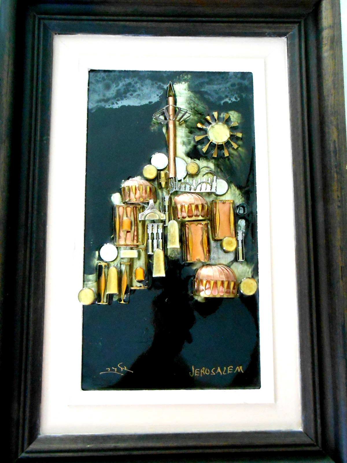 Mid Cent Mixed Media Art Painting Copper Enamel 3D Jerusalem Avi Akshuta