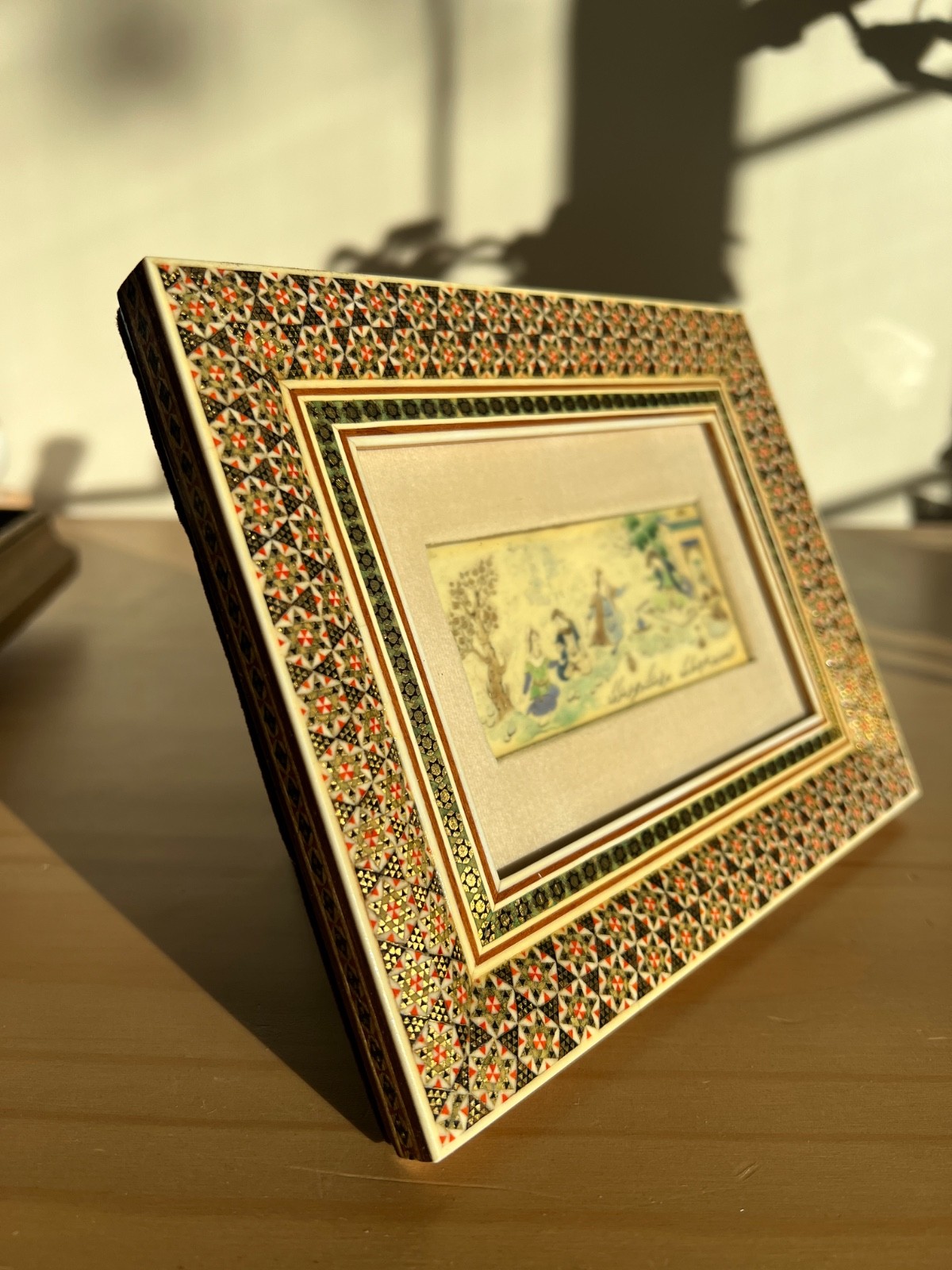 Vintage Persian Khatam Marquetry Frame Hand Painted Porcelain Plaque Small Art