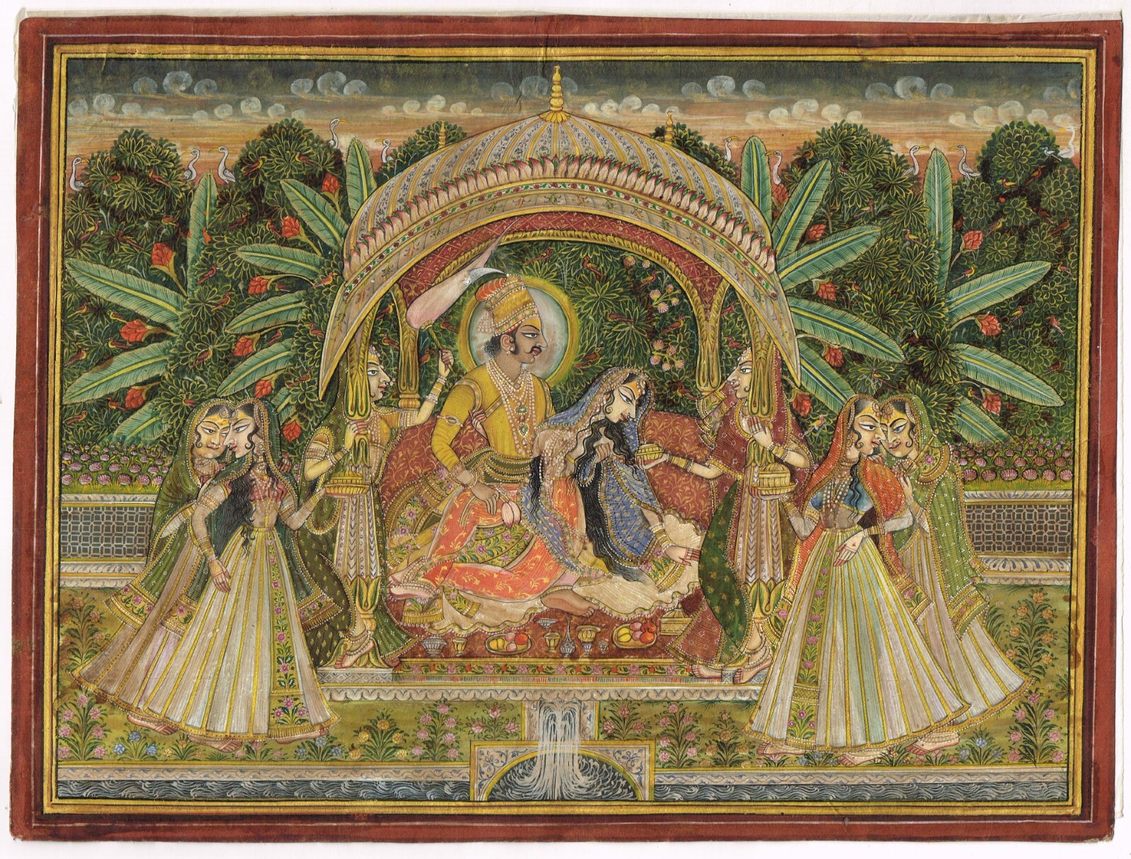 Mewar School Painting Of Rajput King And Queen In Love Scene Art 12.5×9.5 Inches
