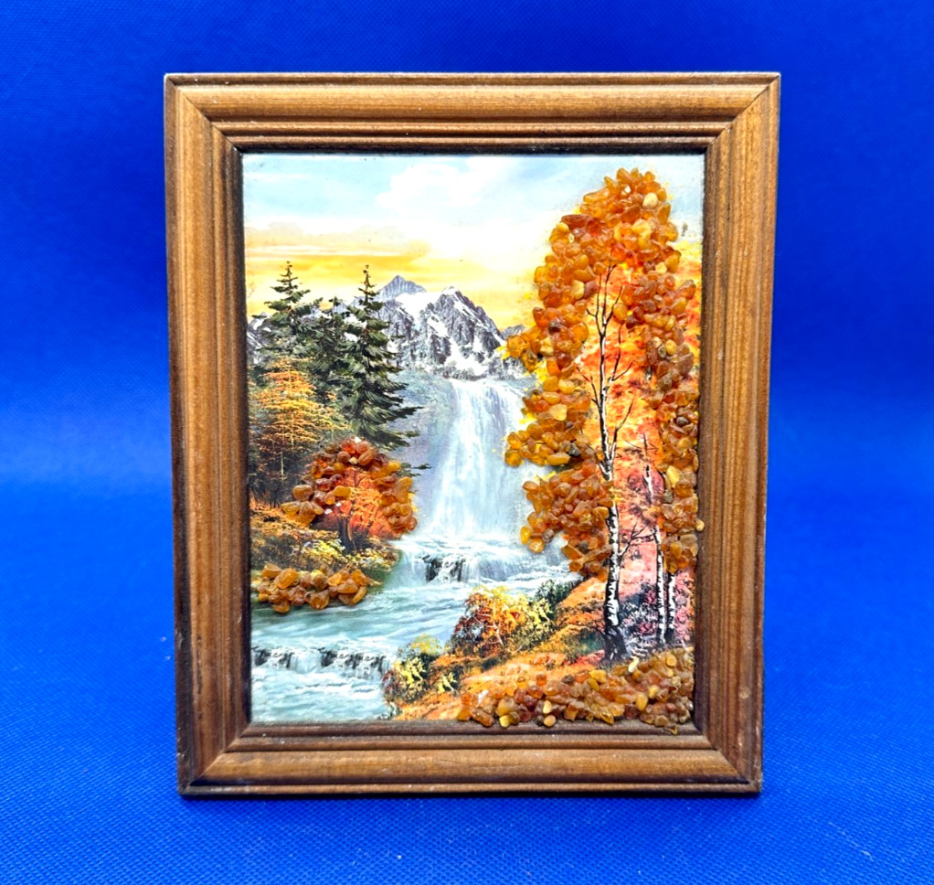 Amber painting nature autumn forest in a wooden frame Length 6.7inch Width 5.5in
