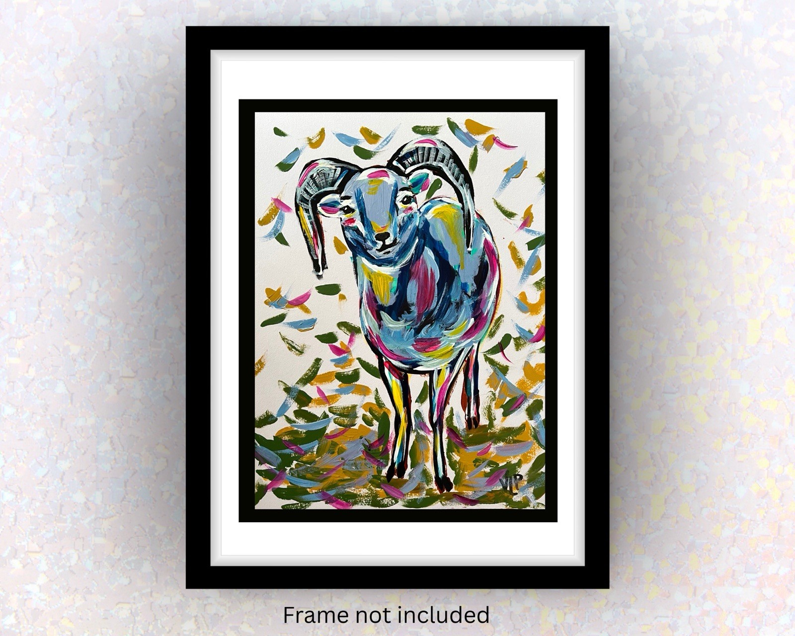 Original 11×13” Expressionist Colorful Confetti Goat VLP Acrylic on Art Paper