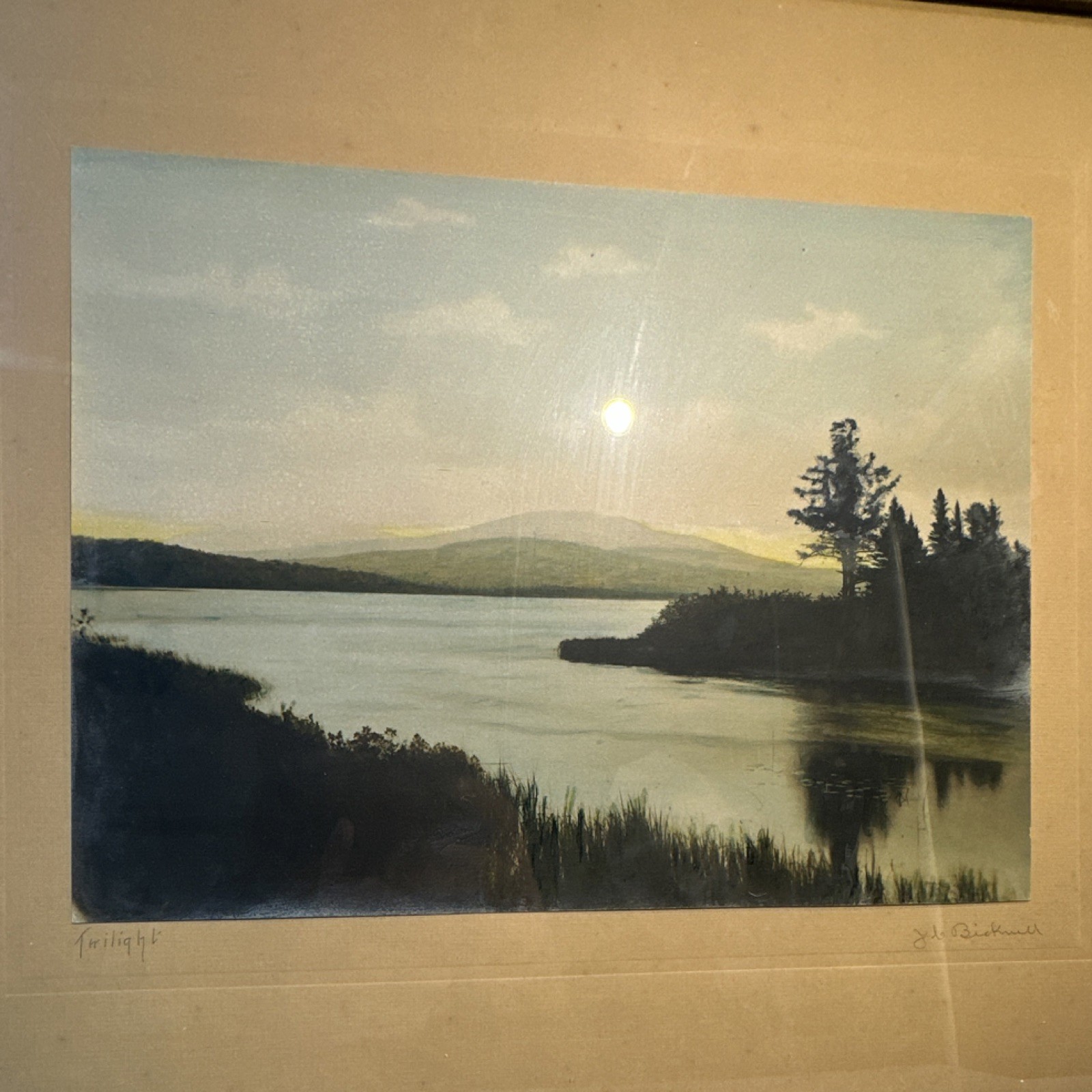 J. C. Bicknell Signed Framed Realism Landscape Painting ‘Twilight’, Lake, Trees