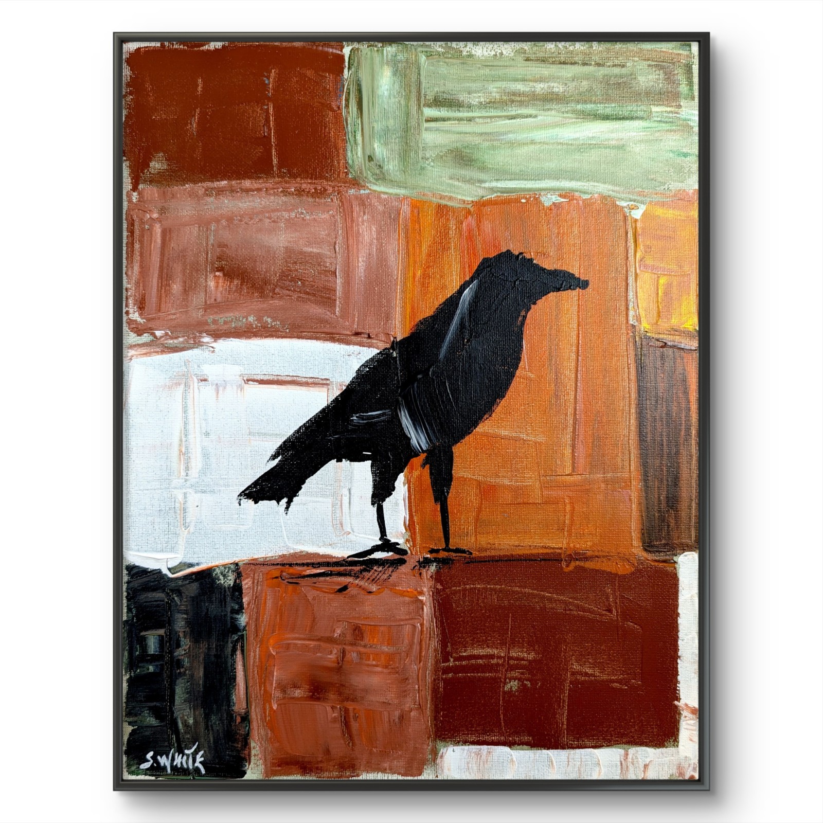 Birds Abstract 11×14 Raven Crow Silhouette Brown Orange Canvas Original SWhite