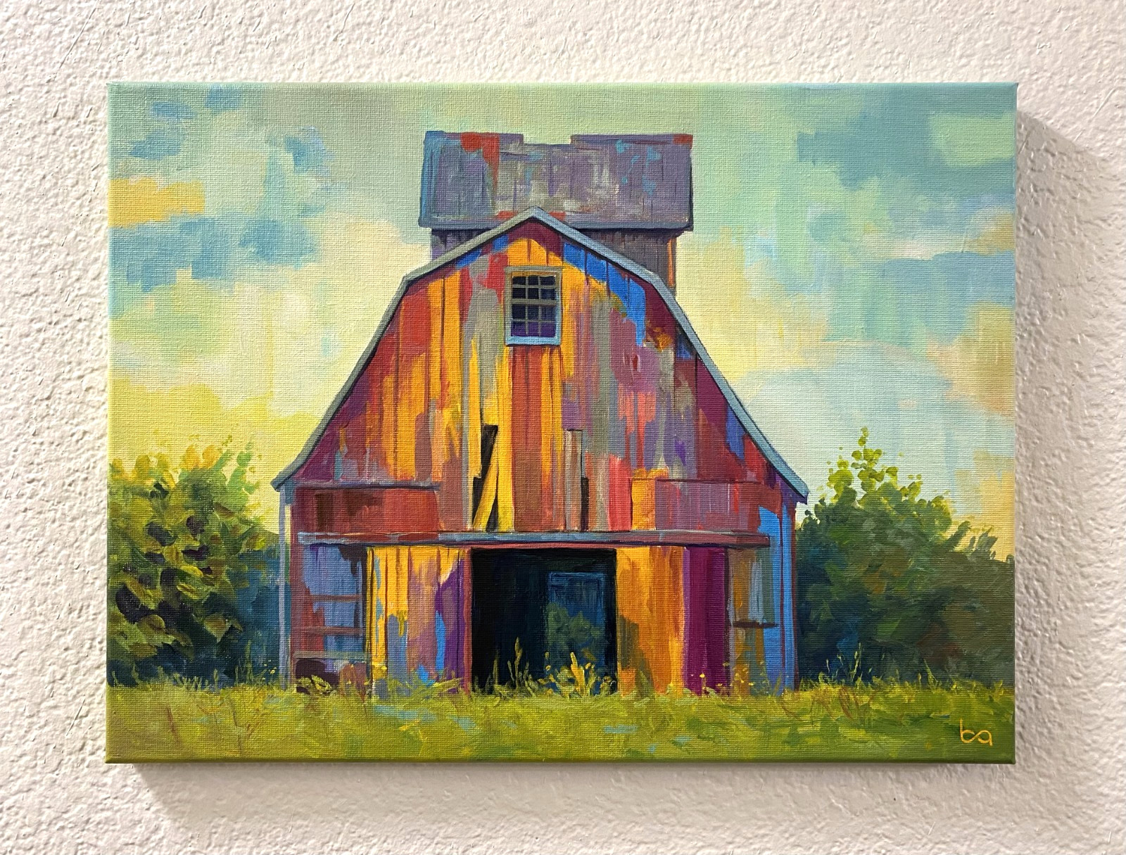 Colorful Red Barn Original Acrylic Painting Farmhouse Country Landscape Wall Art