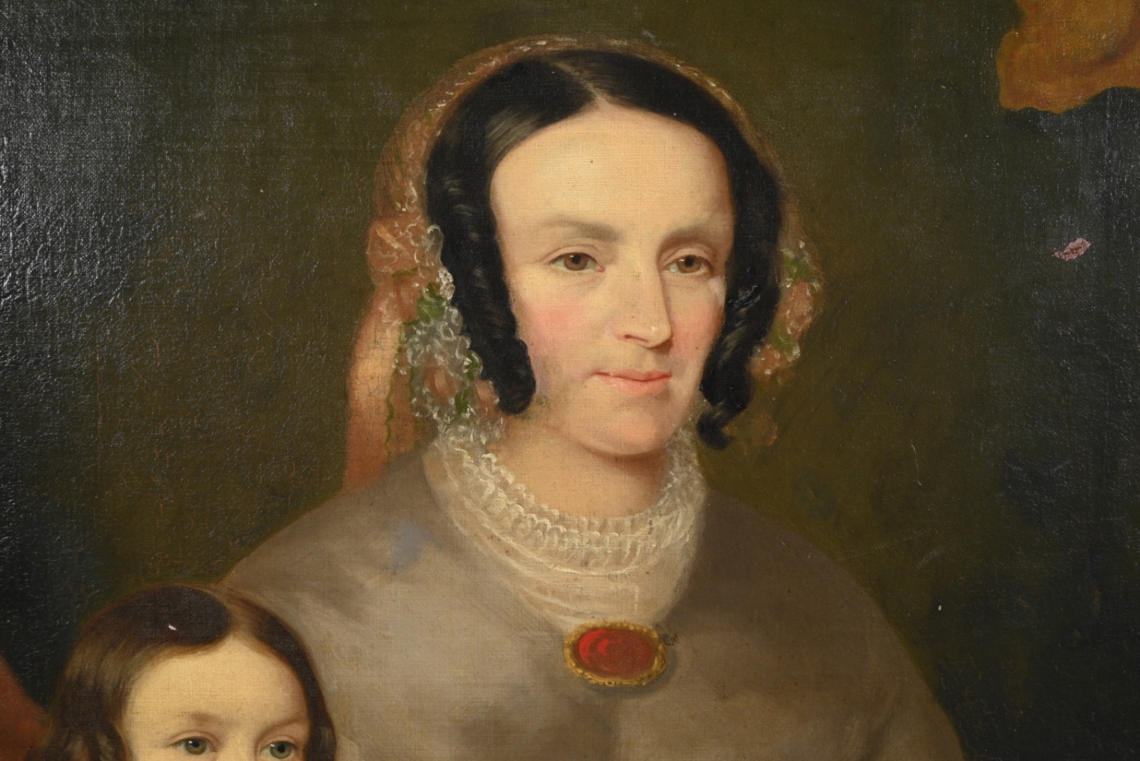 Naive Style Antique 19th Century Double Portrait Oil On Canvas Painting