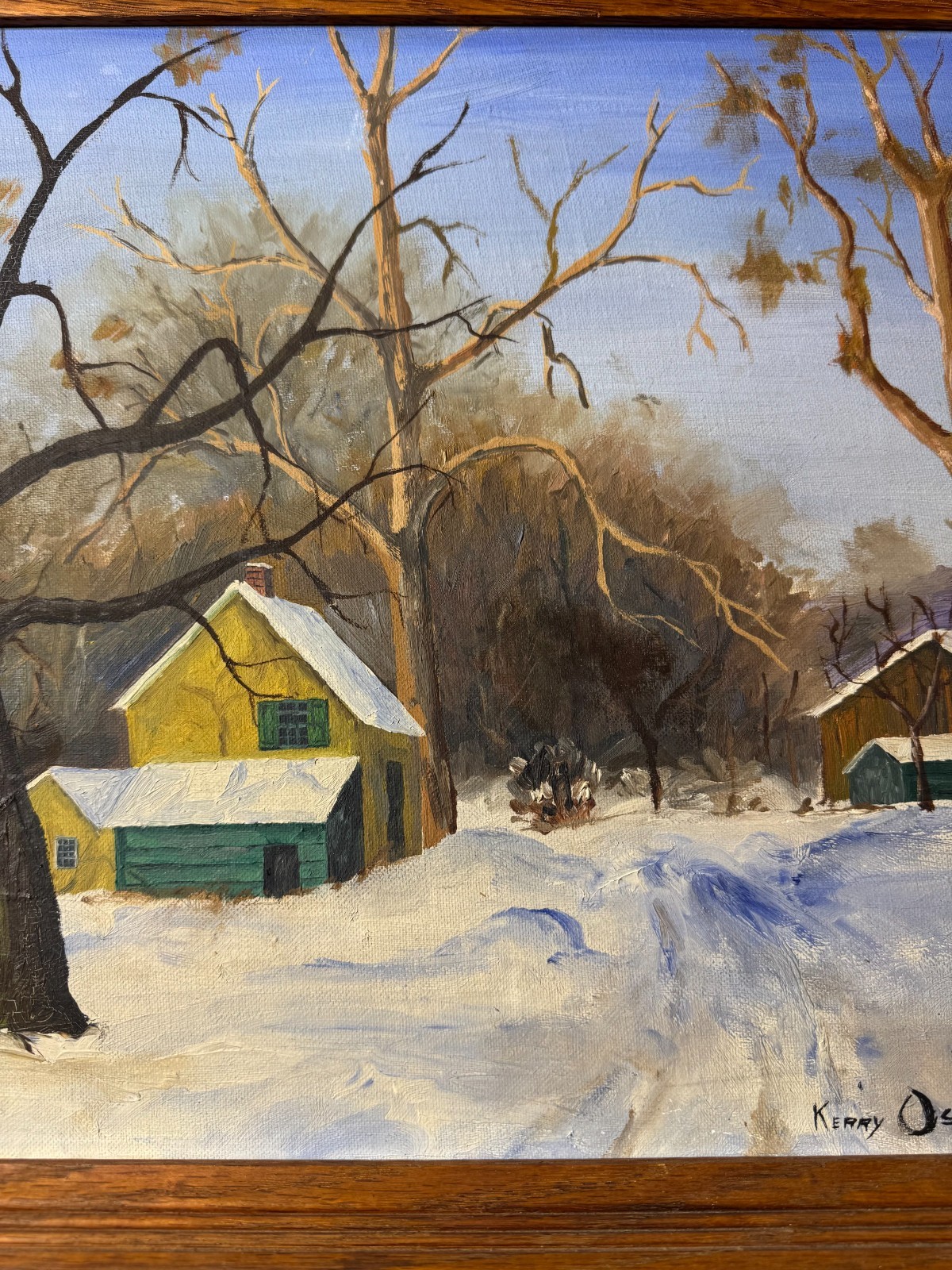 Kerry Osipower «Winter Landscape With Homes Scene» Oil Painting – Signed/Framed