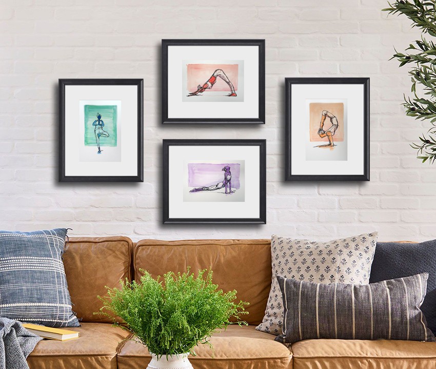 Figurative yoga set of 4 original mixed media 7.5 x 11 heavy paper uframed.