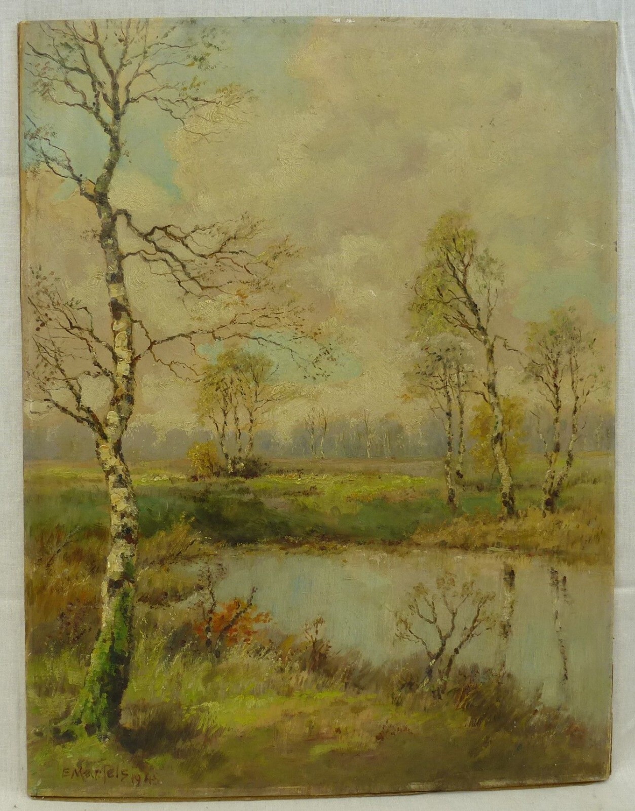 (H1092) Oil Painting «Birches on the Pond» Ernst Martels 1945 (1886 -1958)