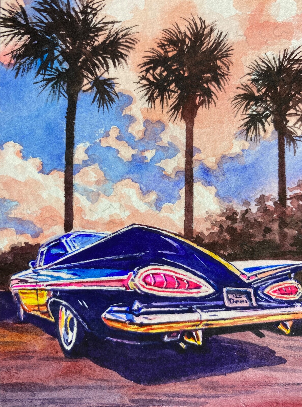 Watercolor Painting Retro Car Palm Trees ACEO Art No.308