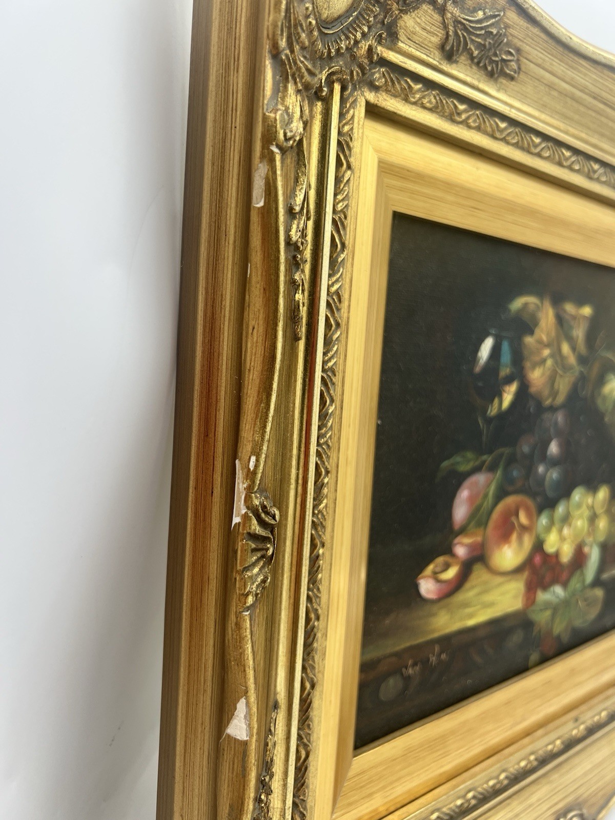 Vintage Signed Van Hunt Still Life Oil Painting Fruit Grapes Wine Glass Framed