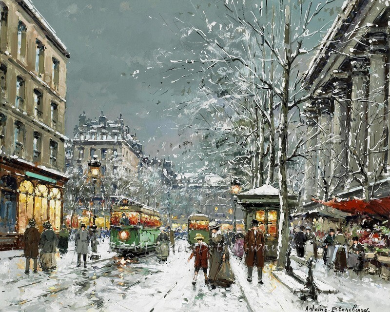 French Winter Street View Oil Painting Wall art Giclee Printed on Canvas P632