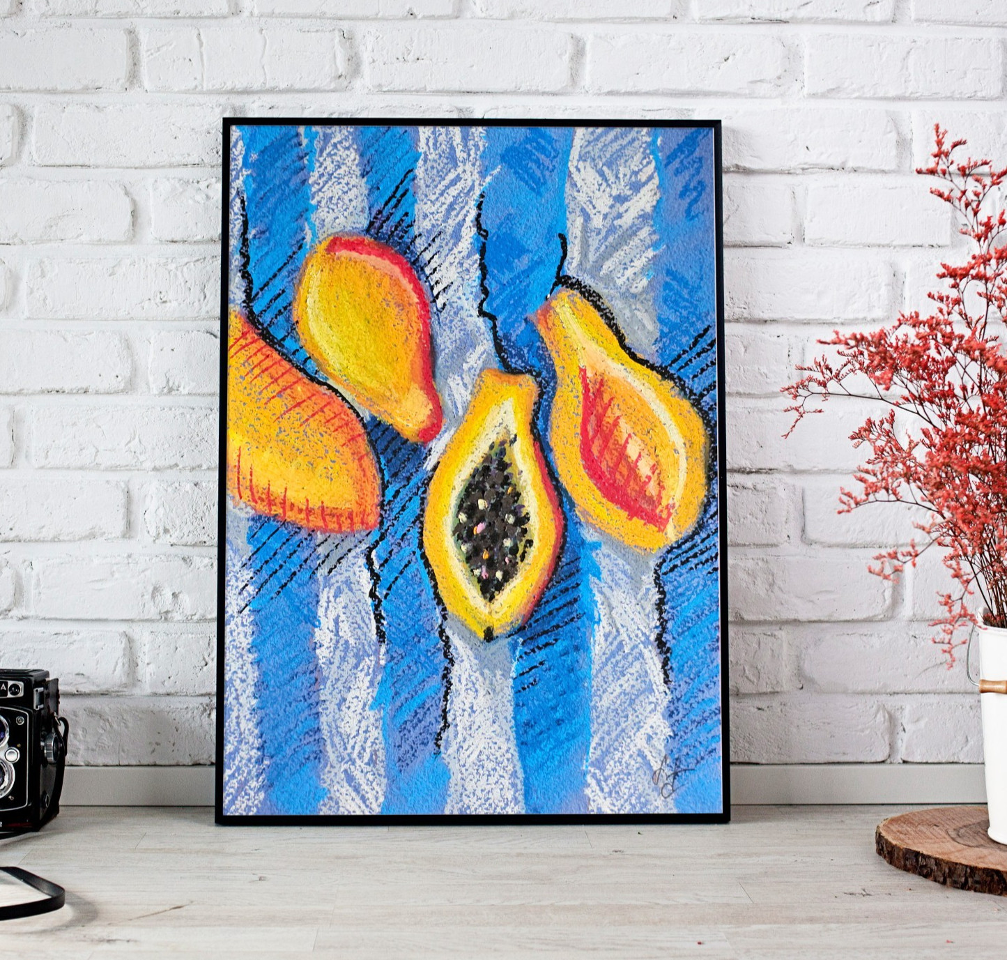Original Oil Pastel Drawing Yellow Papaya Abstract Fruit Art 8×12 Inches