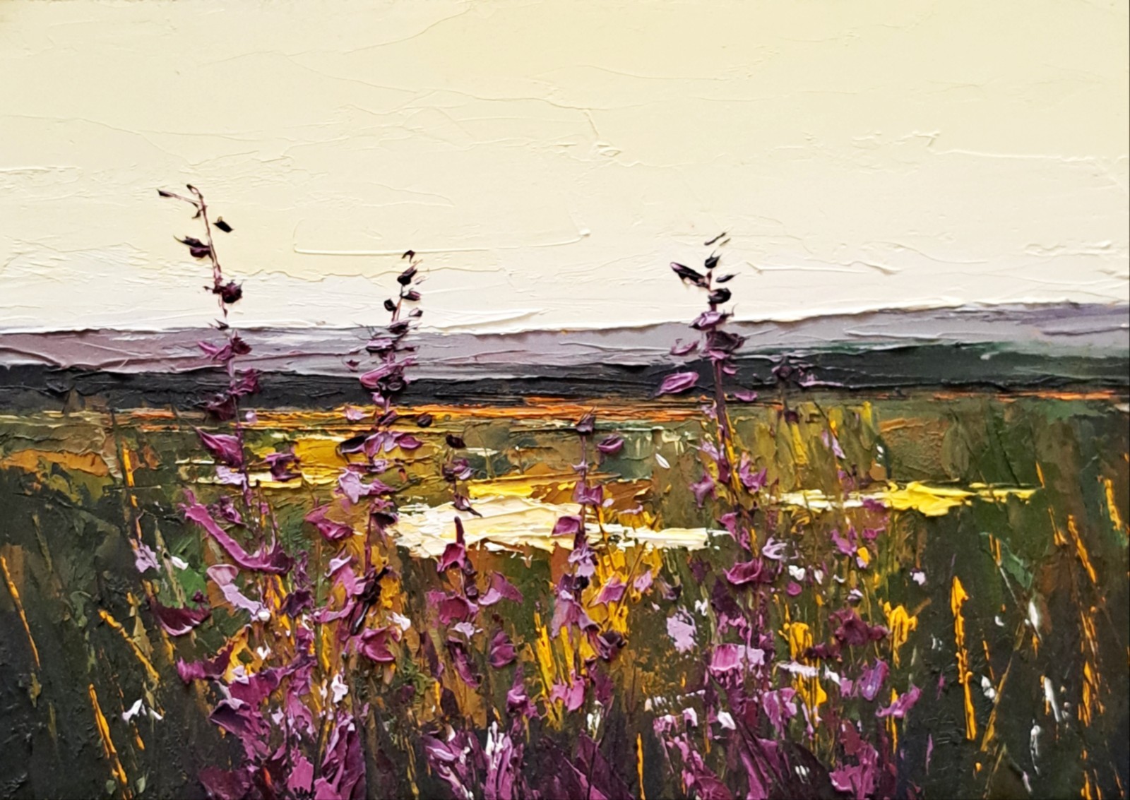 Original Oil Painting Purple Wildflowers Landscape Sunset Field Nature Art 5×7”