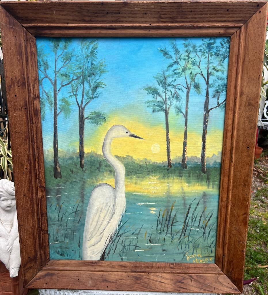 Vintage Artist Signed Egret Heron Florida Art Landscape Oil Painting Art Framed