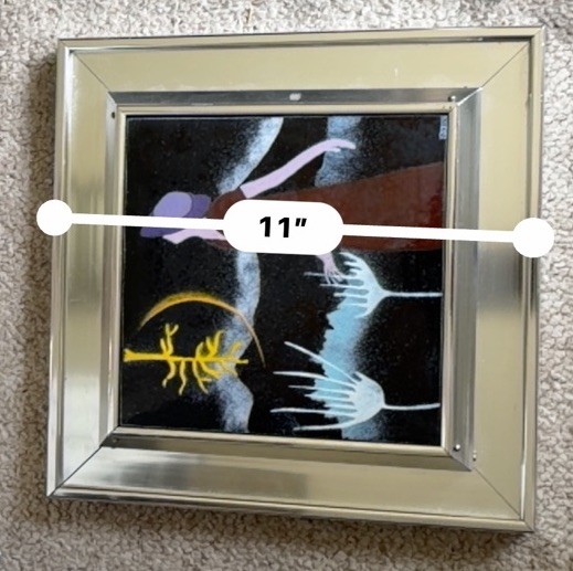 Vintage 70s Aluminum Framed Art Reverse Painting Signed Allie Moon Retro Folk