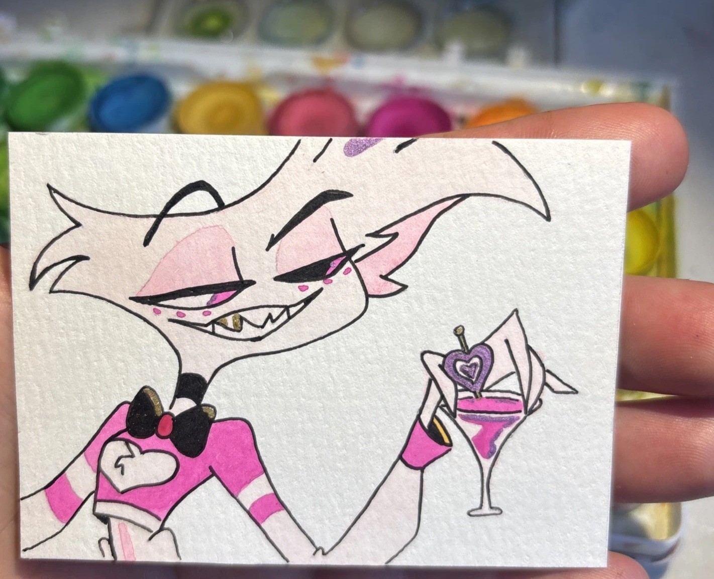 Original Art ACEO ATC Miniature Painting Watercolor Angel Dust Hazbin Hotel