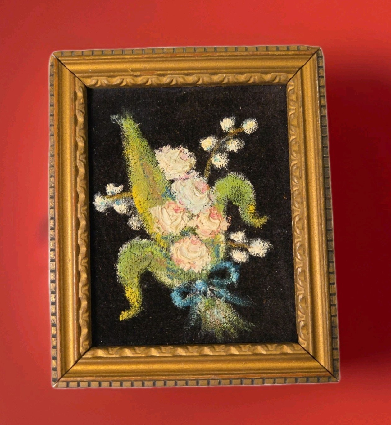 VTG MINIATURE PAINTING FLOWERS ON BLACK VELVET IN GOLD FRAME 4.5×3.75 1960s MCM