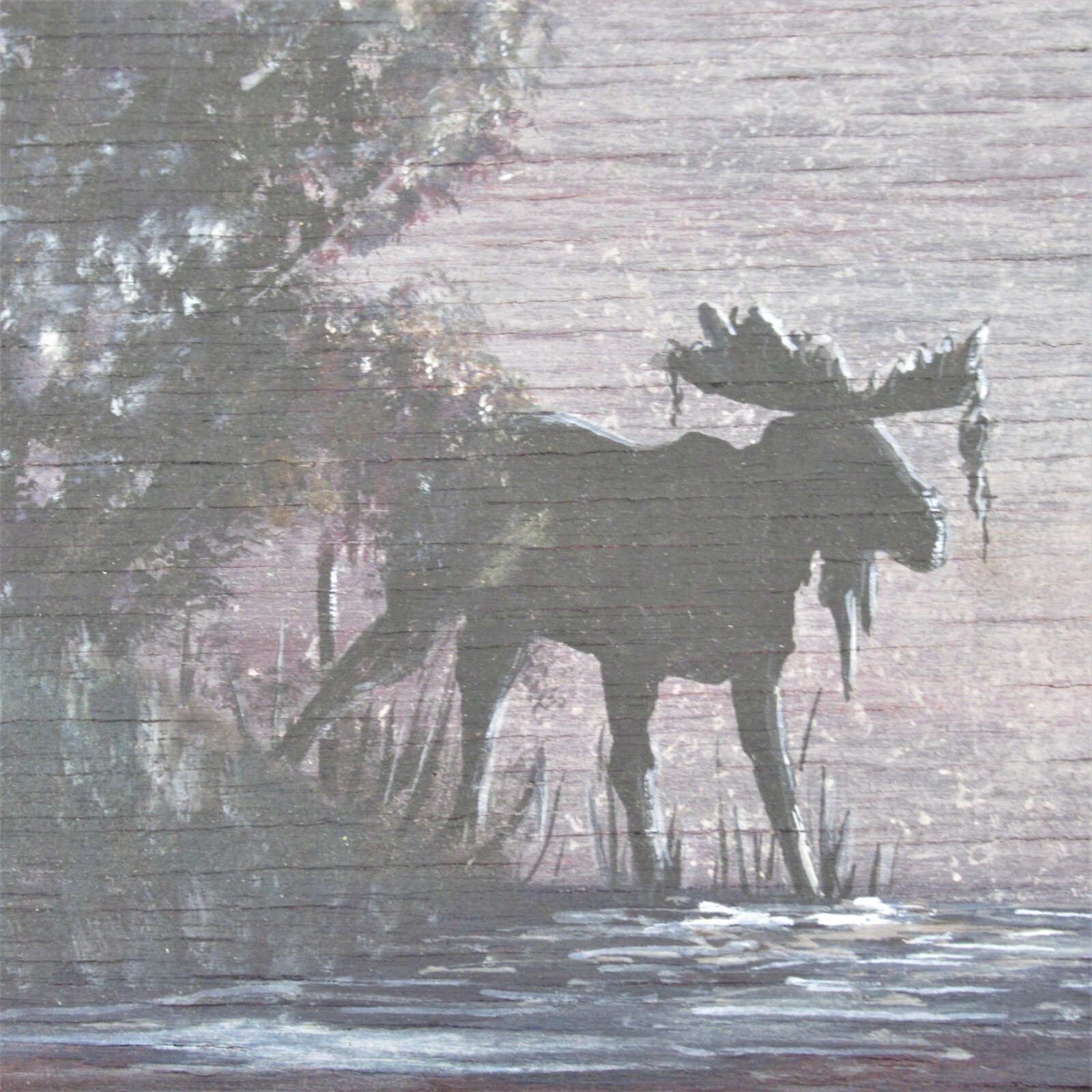 Moose painting on wood Lori Paineak Wood ‘n Art Dorset 2009 night moon 9 x 11