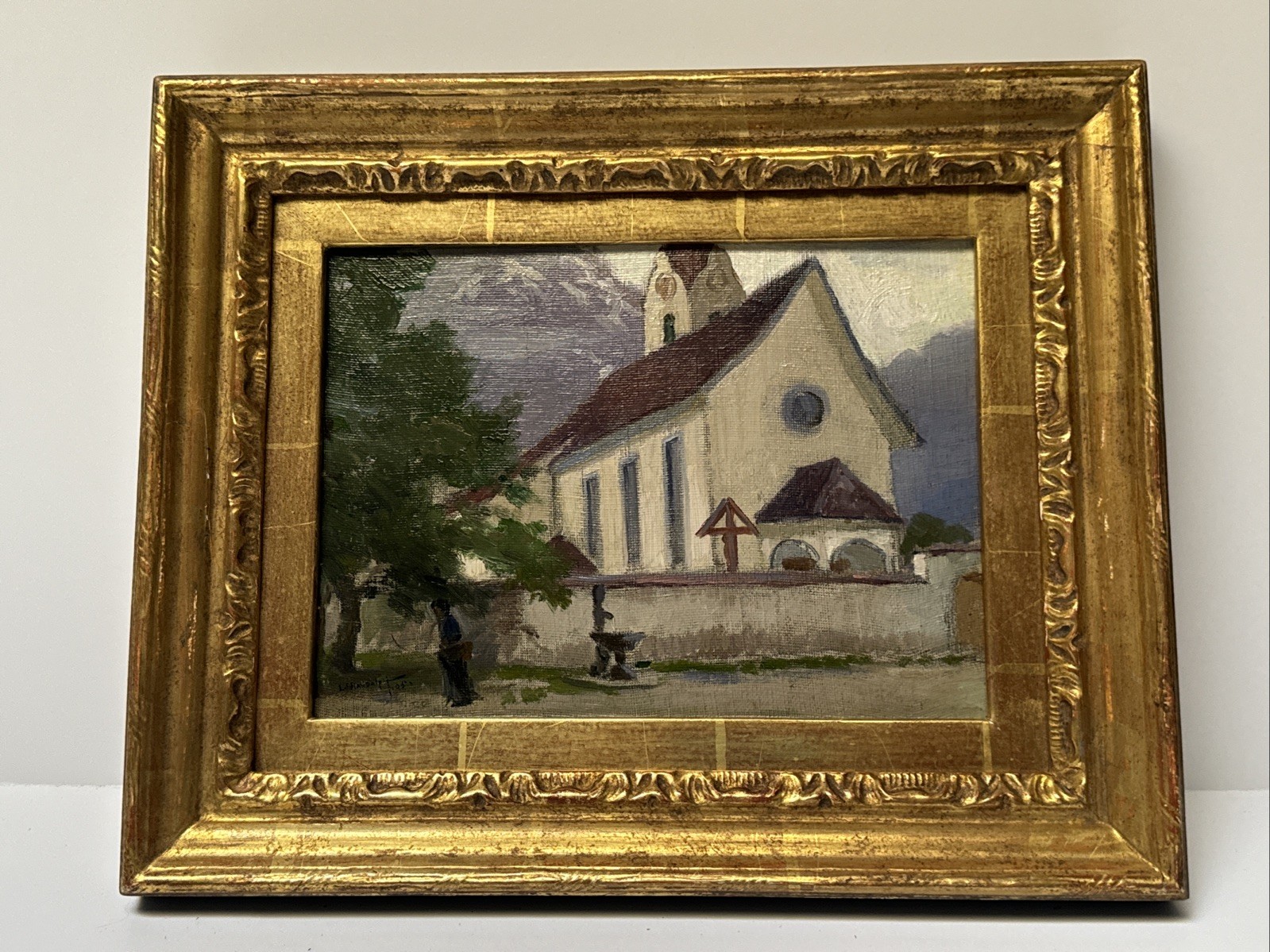 ANTIQUE PAINTING CHURCH MOUNTAINS LISTED IMPRESSIONIST REGIONALISM SMALL GEM OIL