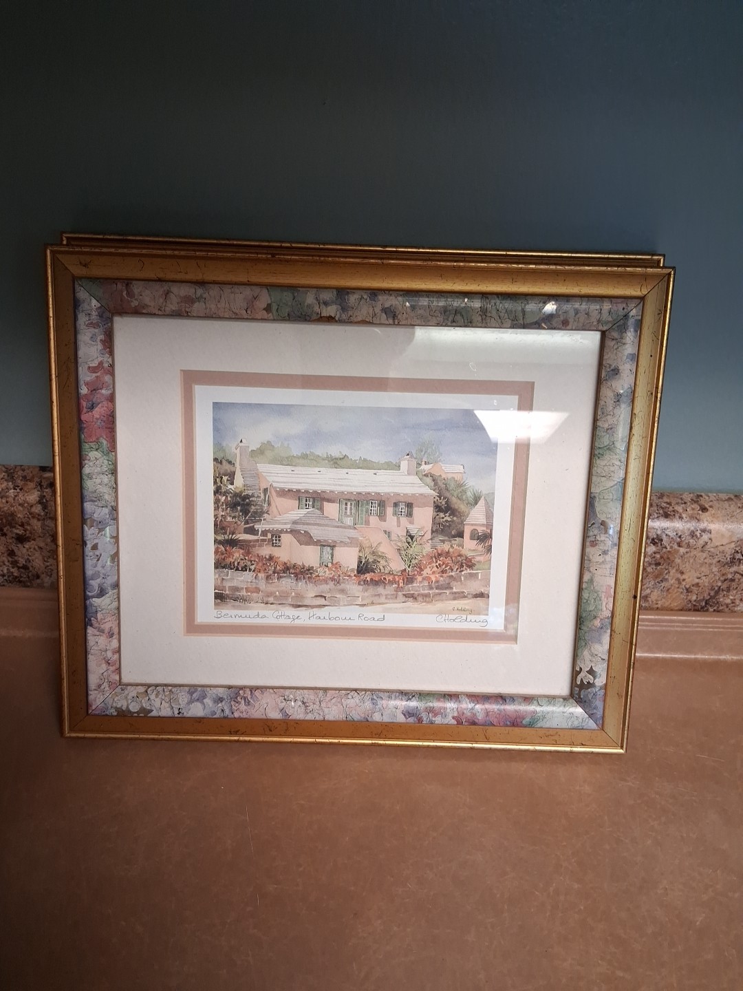 Framed C. Holding Signed BERMUDA COTTAGE HARBOUR ROAD Watercolor Print Art