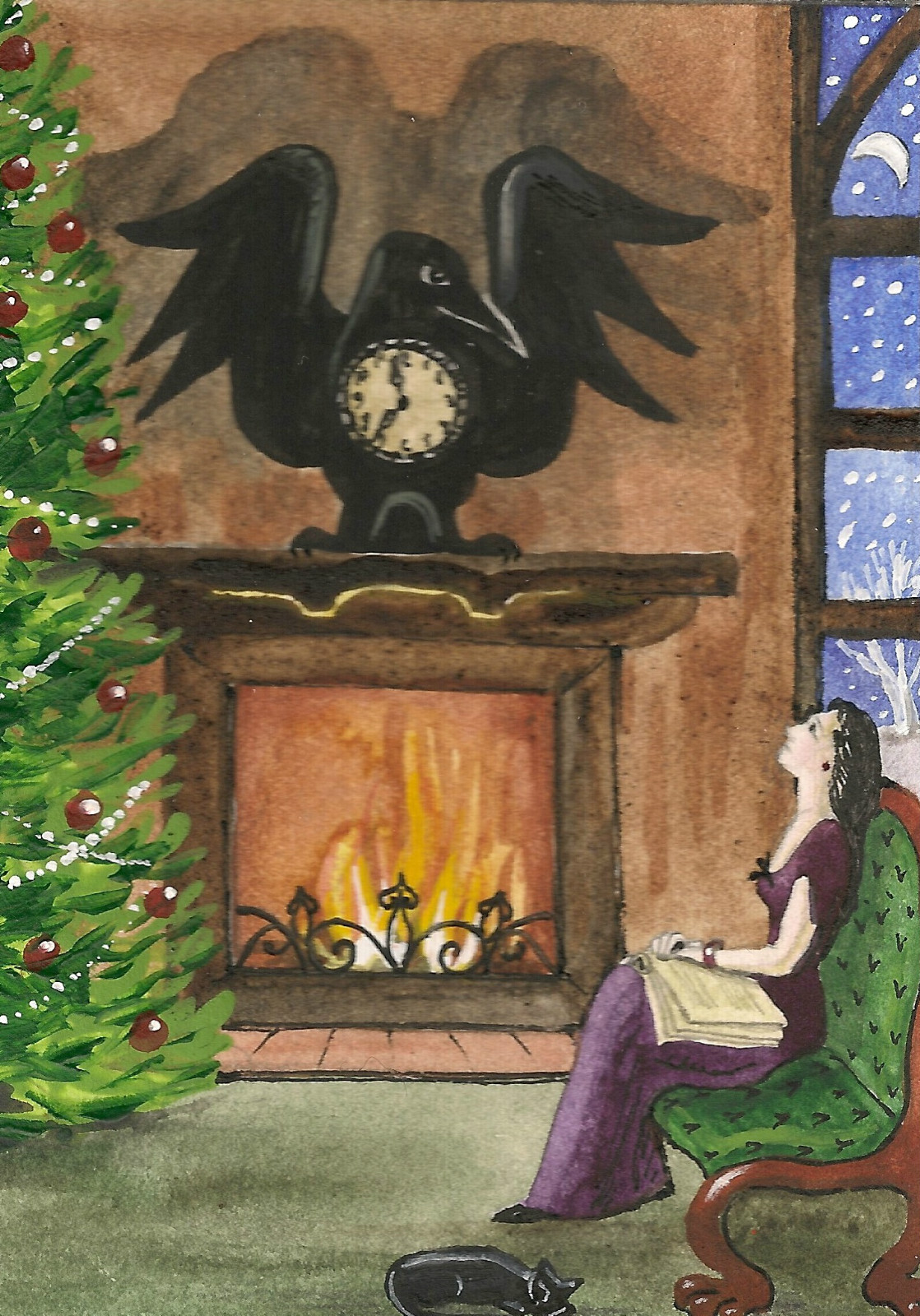 ACEO RYTA BLACK CAT XMAS PRINT OF PAINTING CLOCK halloween CROW ART folk haunted