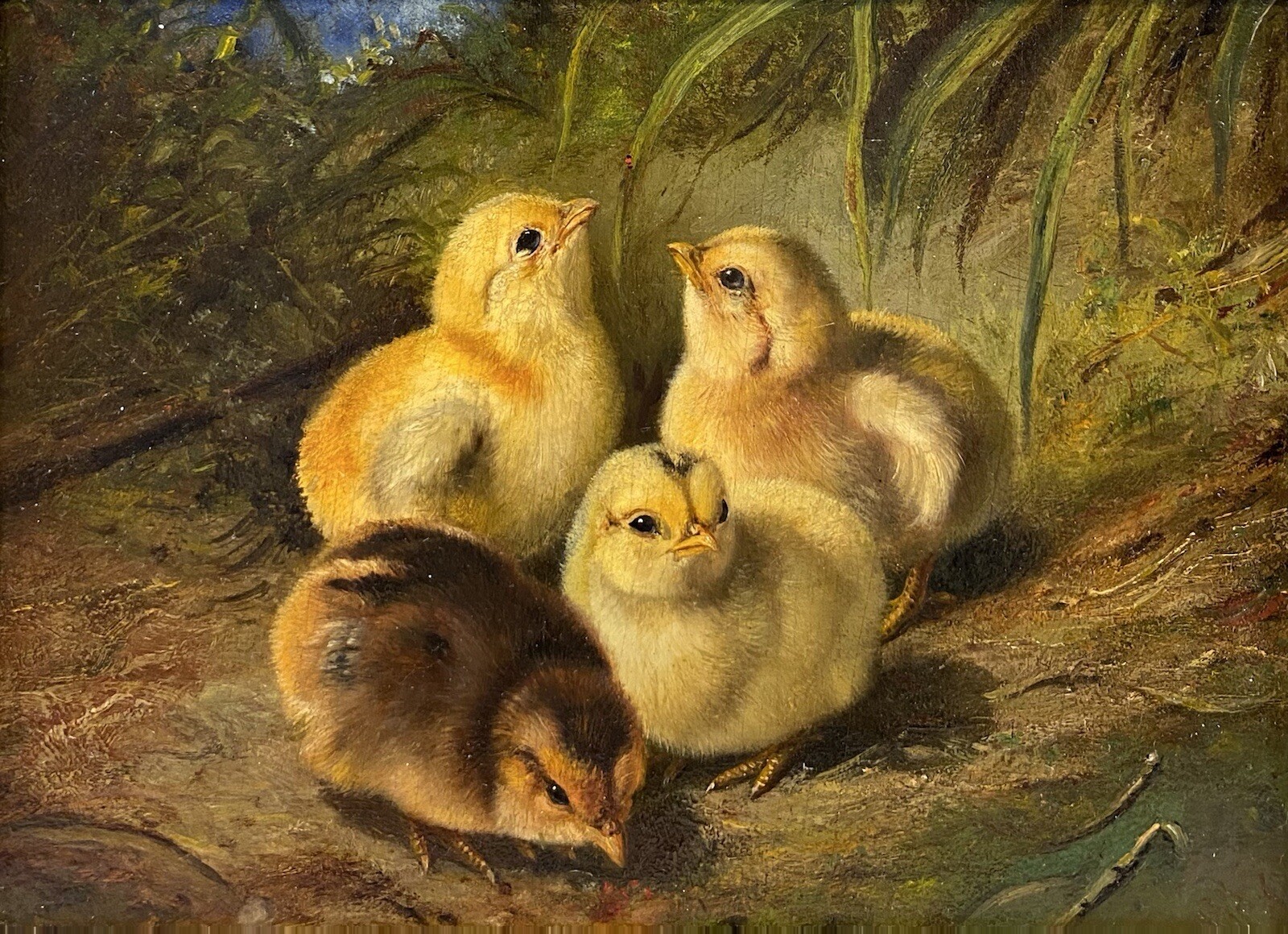 Original 19th C. Arthur Fitzwilliam Tait Chickens Chicks Landscape American Oil