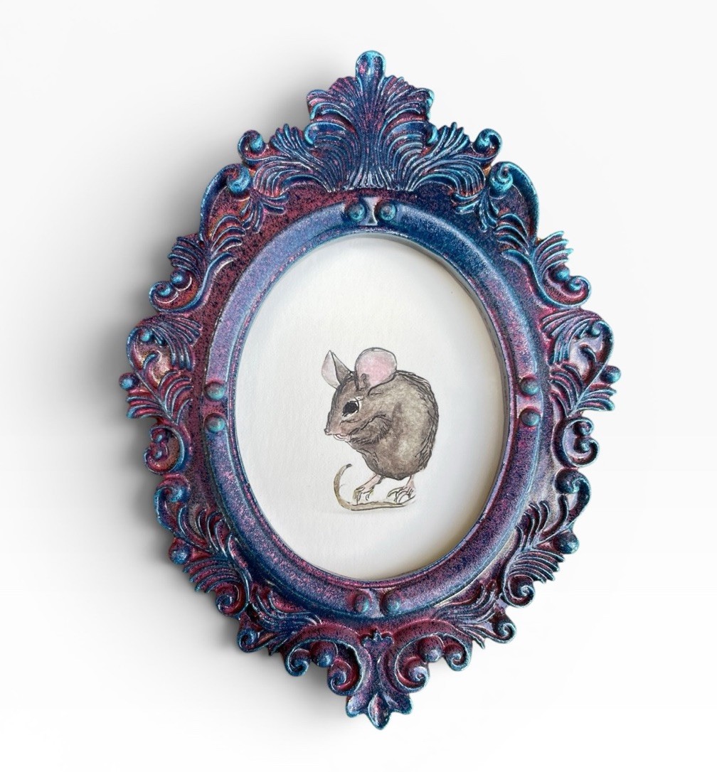 Mouse mini watercolor animal print of original painting in vintage style frame