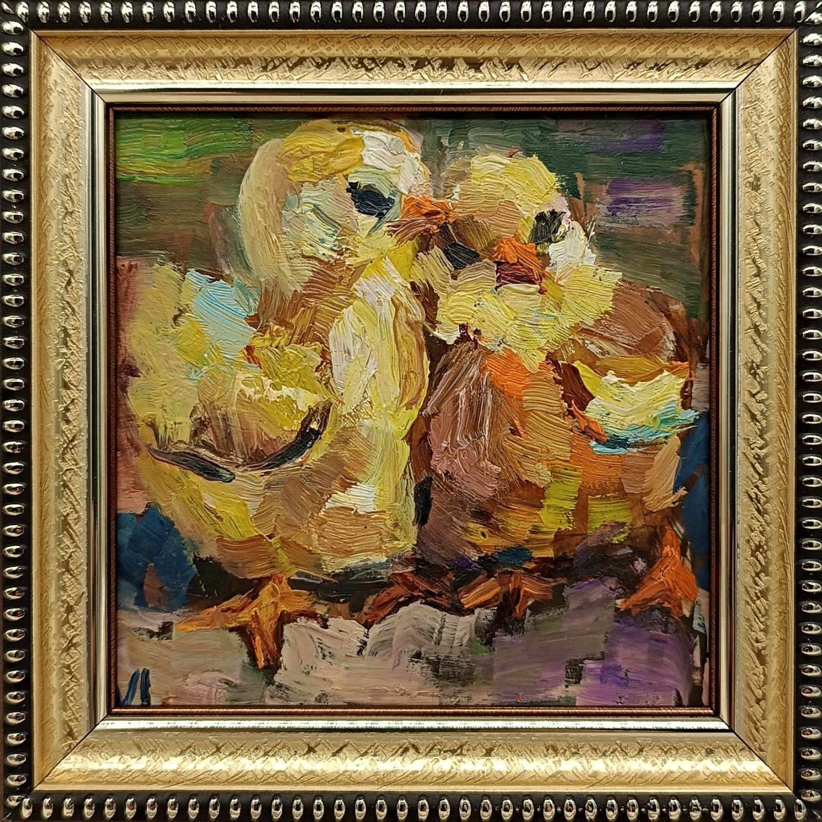 Hen original oil painting with signature framed farm animals 4×4 inches