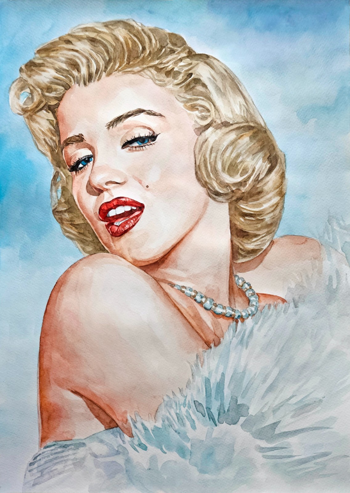 11,69 × 16,53″ Marilyn Monroe wearing furs ~watercolor SIGNED/DATED