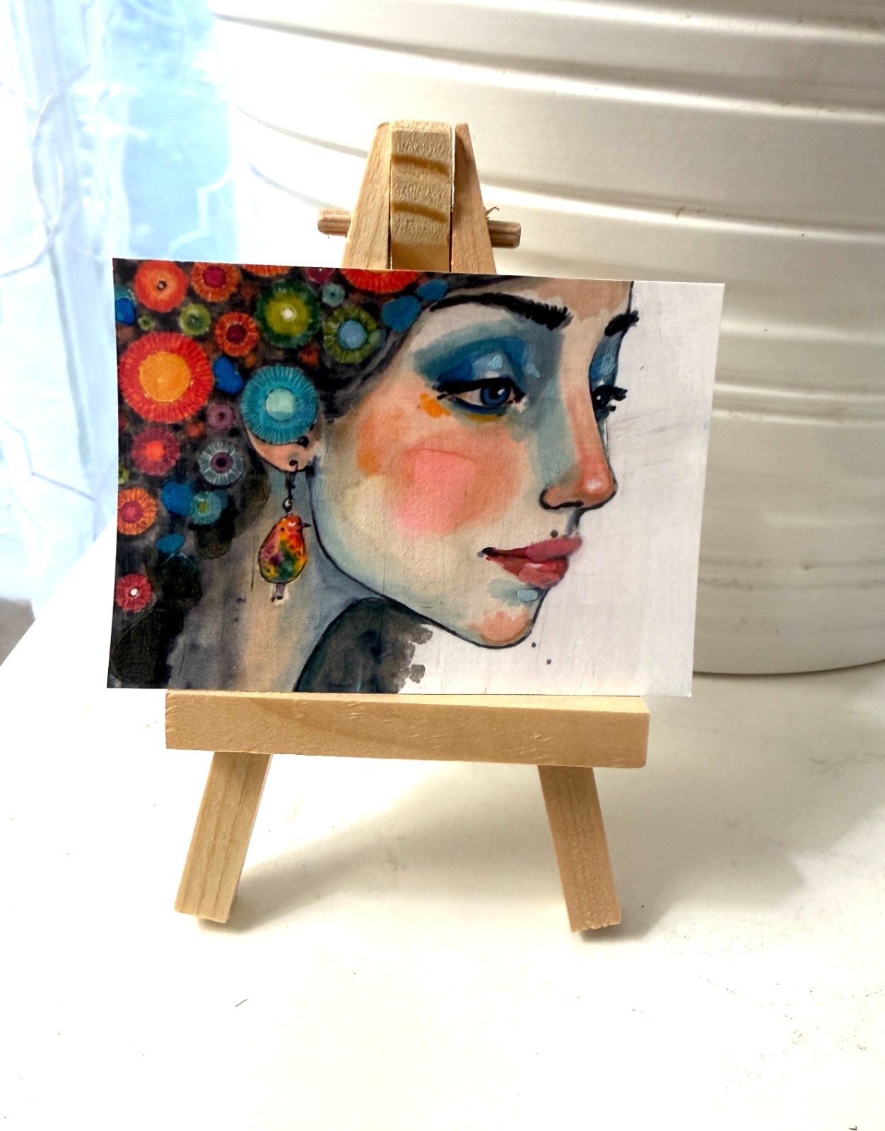 Original Profile Portrait ACEO Painting Woman Bird Earring Watercolor OOAK Minia