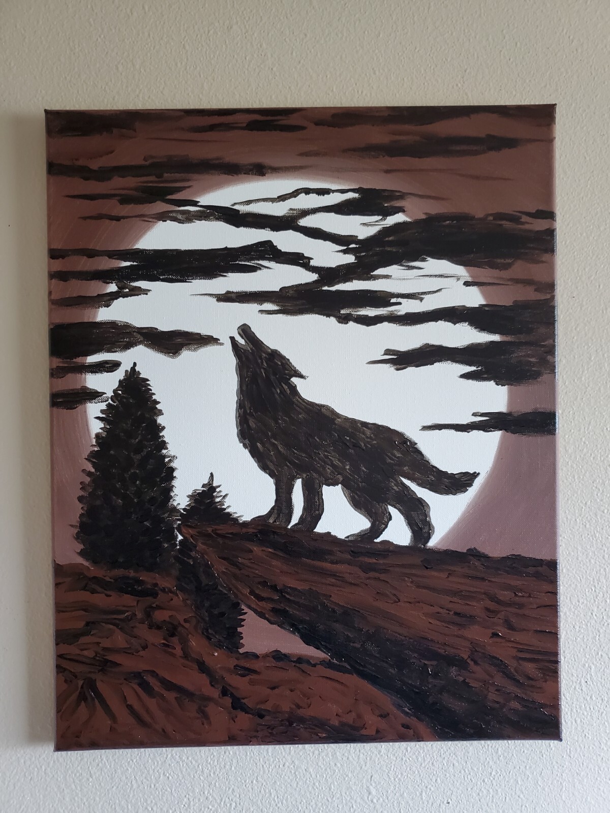 Handmade Painting Acrylic Wood Frame 20×16 Art Decor Moon Wolf Howling Night