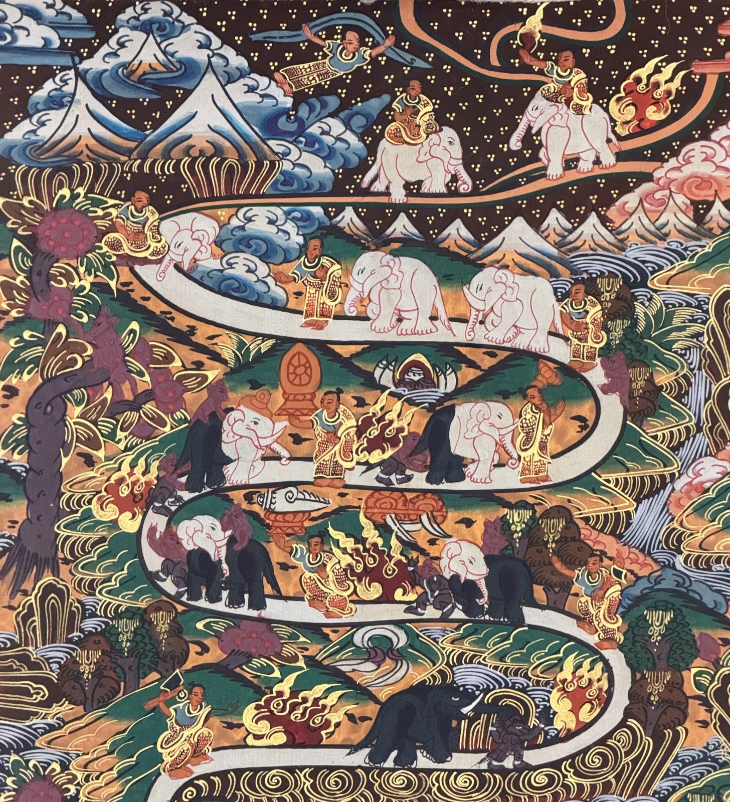 ELEPHANT PATH SAMATHA MEDITATION ORIGINAL TIBETAN THANGKA PAINTING SILK FRAMED