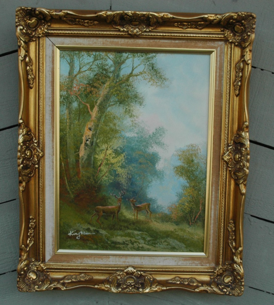 Original Oil on Canvas of a Buck & A Doe by Listed Texas Artist Eugene Kingman