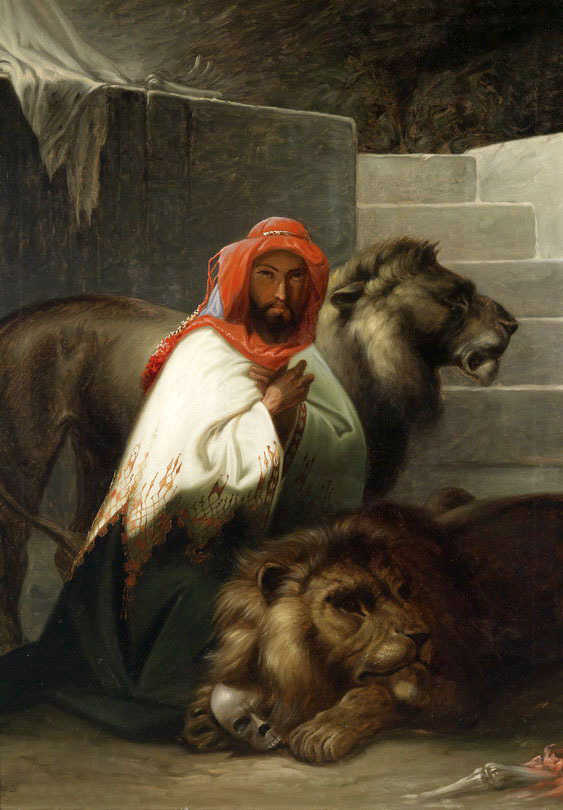 hand painting No framed Male portrait Arab with his pets beasts lions